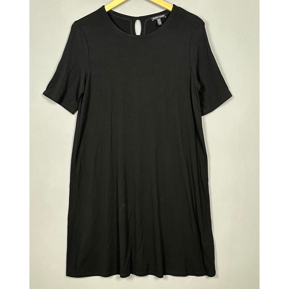 Eileen Fisher‎ Black Viscose Stretch Short Sleeve Keyhole Shift Dress Womens S/P